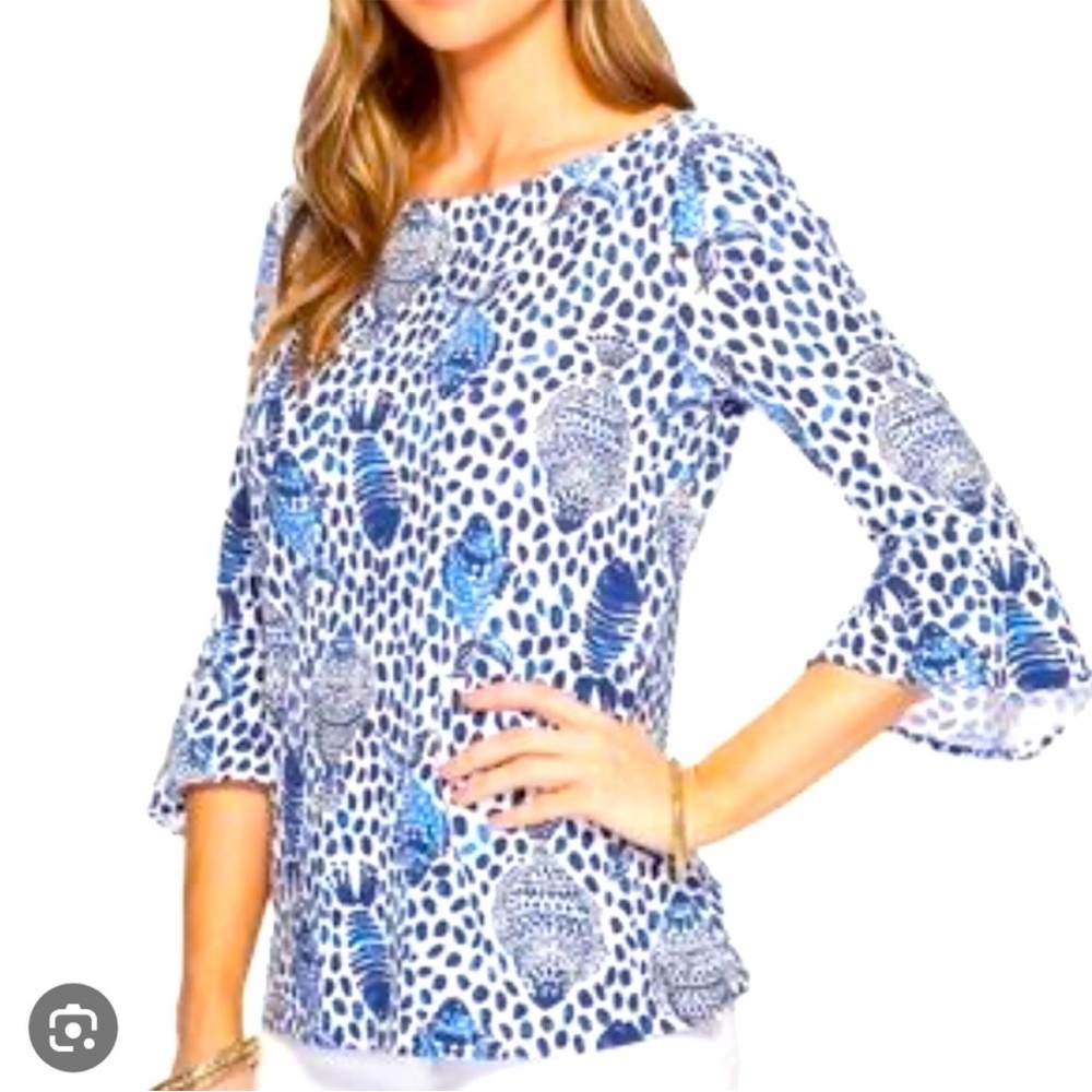 Lilly Pulitzer XS Fontaine High Tide Navy Sole Fish Printed Shirt